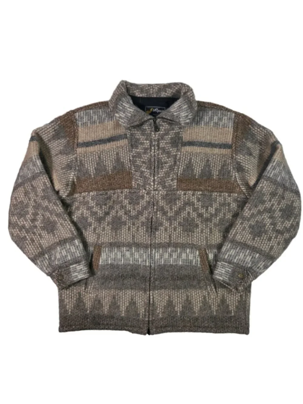 Vtg Baby Alpaca Aztec Jacket M Lined Western 90s 80s Granola Neutrals